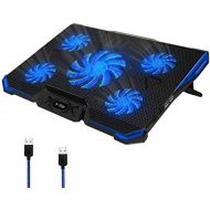[아마존베스트]I-Star Laptop Cooling Pad, Laptop Cooler Cooling Pad Stand for up to 15.6 inch Laptop with Metal Mesh Surface, 5 Fan 2500RPM Adjustable Strong Wind LED Light, Free Height, 2 USB Port, Blu