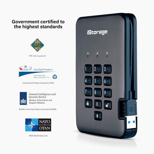  iStorage diskAshur PRO2 HDD 2TB Secure portable hard drive FIPS Level 3 certified - password protected, dust and water resistant, portable, military grade hardware encryption.IS-DA