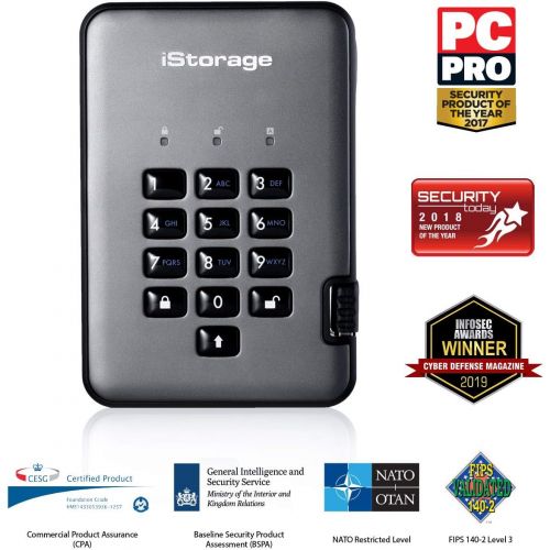  iStorage diskAshur PRO2 HDD 2TB Secure portable hard drive FIPS Level 2 certified - password protected, dust and water resistant, portable, military grade hardware encryption. IS-D