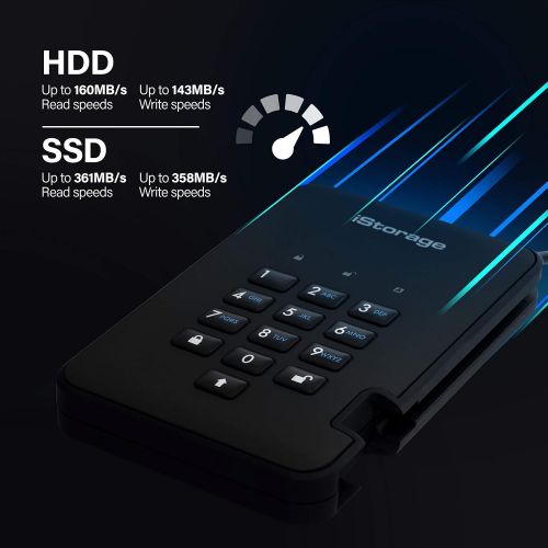  iStorage diskAshur2 HDD 5TB Black - Secure portable hard drive - Password protected, dust and water resistant, portable, military grade hardware encryption USB 3.1 IS-DA2-256-5000-