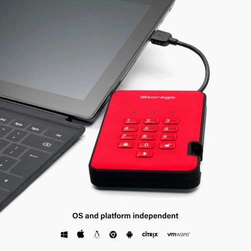  iStorage diskAshur2 HDD 1TB Red - Secure portable hard drive - Password protected, dust and water resistant, portable, military grade hardware encryption USB 3.1 IS-DA2-256-1000-R