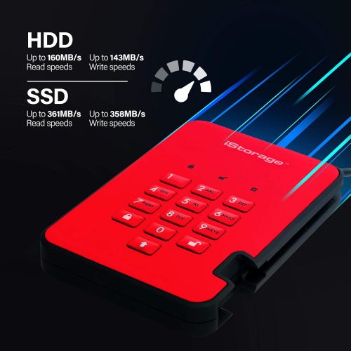  iStorage diskAshur2 HDD 1TB Red - Secure portable hard drive - Password protected, dust and water resistant, portable, military grade hardware encryption USB 3.1 IS-DA2-256-1000-R