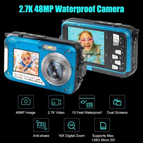  [아마존베스트]ISunFun Underwater Camera, Underwater Camera Full HD 2.7K 48MP Camera Waterproof with Two Screens, 16x Digital Zoom and Self-Timer