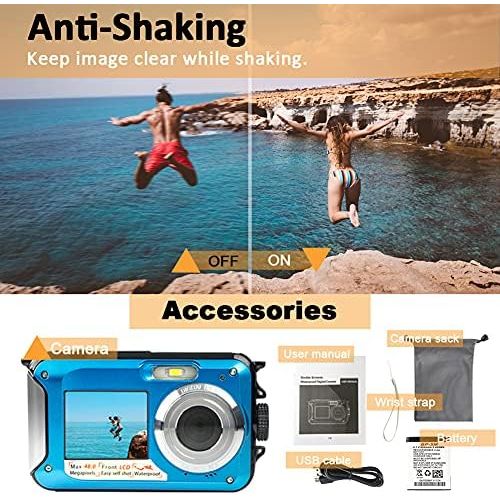  [아마존베스트]ISunFun Underwater Camera Full HD 2.7K 48MP Underwater Camera for Snorkelling Waterproof Digital Camera with Two Screens, Self-Timer and 16x Digital Zoom