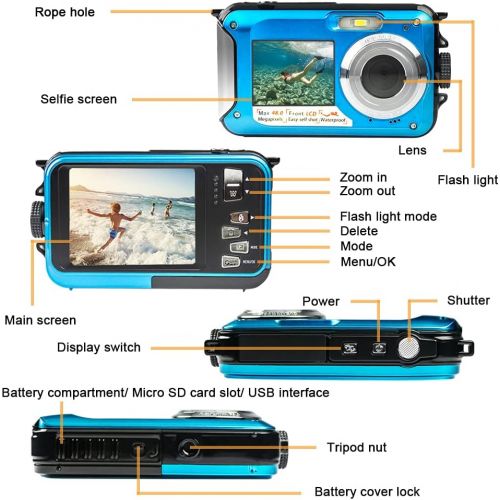  [아마존베스트]ISunFun Underwater Camera Full HD 2.7K 48MP Underwater Camera for Snorkelling Waterproof Digital Camera with Two Screens, Self-Timer and 16x Digital Zoom