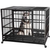 ITORI Heavy Duty Metal Dog Cage Kennel Crate and Playpen for Training Large Dog Indoor Outdoor with Double Doors & Locks Design Included Lockable Wheels Removable Tray（42in 48in）