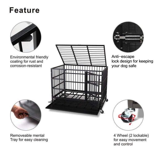  ITORI Heavy Duty Metal Dog Cage Kennel Crate and Playpen for Training Large Dog Indoor Outdoor with Double Doors & Locks Design Included Lockable Wheels Removable Tray（42in 48in）