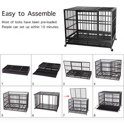  ITORI Heavy Duty Metal Dog Cage Kennel Crate and Playpen for Training Large Dog Indoor Outdoor with Double Doors & Locks Design Included Lockable Wheels Removable Tray（42in 48in）