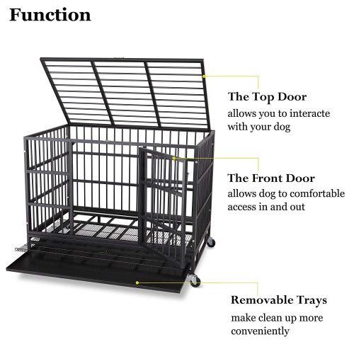  ITORI Heavy Duty Metal Dog Cage Kennel Crate and Playpen for Training Large Dog Indoor Outdoor with Double Doors & Locks Design Included Lockable Wheels Removable Tray（42in 48in）