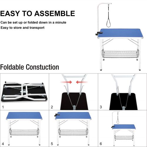  ITORI Pet Dog Grooming Table for Small Dog, Professional 32 Foldable Portable Drying Table with Adjustable Height Arm&Noose, Maximum Capacity Up to 220lbs(Mesh Tray)