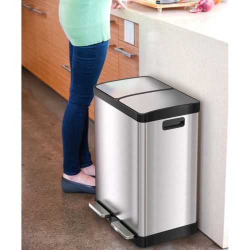  [아마존베스트]ITouchless iTouchless 16 Gallon Dual Step Trash Can & Recycle, Stainless Steel Bin Body with Handle, Includes 2 x 8 Gallon (30L) Removable Buckets are Color-Coded, Soft-Close and Airtight Lid