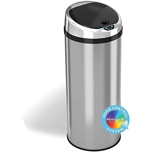  iTouchless 13 Gallon Touchless Sensor Kitchen Trash Can with Odor Control System, Stainless Steel, Round Garbage Bin for Home or Office