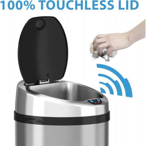  iTouchless 13 Gallon Touchless Sensor Kitchen Trash Can with Odor Control System, Stainless Steel, Round Garbage Bin for Home or Office