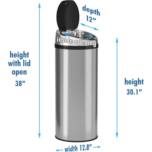  iTouchless 13 Gallon Touchless Sensor Kitchen Trash Can with Odor Control System, Stainless Steel, Round Garbage Bin for Home or Office