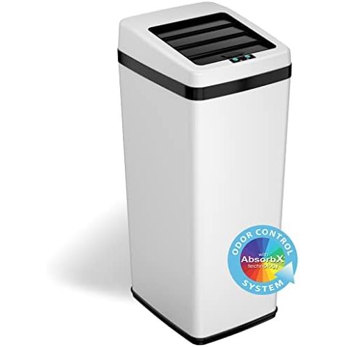  iTouchless 14 Gallon Sliding Lid Automatic Sensor Trash Can with Odor Filter System, 52 Liter White Steel Touchless Kitchen Garbage Bin