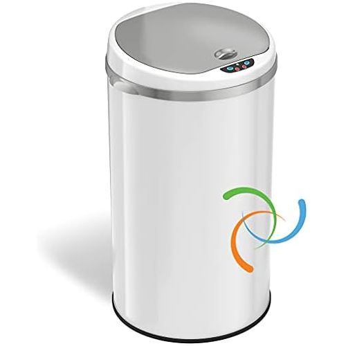  iTouchless 8 Gallon Touchless Sensor Trash Can with Odor Filter System, 30 Liter Round White Steel Garbage Bin, Perfect for Home, Kitchen, Office