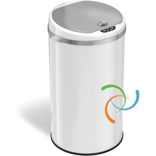  iTouchless 8 Gallon Touchless Sensor Trash Can with Odor Filter System, 30 Liter Round White Steel Garbage Bin, Perfect for Home, Kitchen, Office