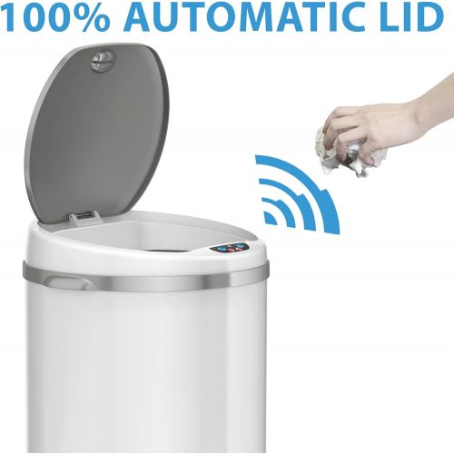  iTouchless 8 Gallon Touchless Sensor Trash Can with Odor Filter System, 30 Liter Round White Steel Garbage Bin, Perfect for Home, Kitchen, Office