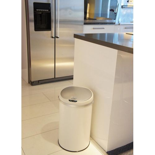  iTouchless 8 Gallon Touchless Sensor Trash Can with Odor Filter System, 30 Liter Round White Steel Garbage Bin, Perfect for Home, Kitchen, Office