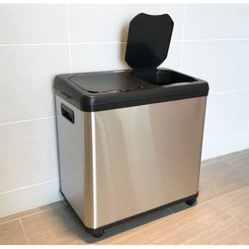  iTouchless 16 Gallon Touchless Trash Can and Recycle Bin, Stainless Steel, Dual-Compartment (8 Gal each), Kitchen Recycling and Garbage