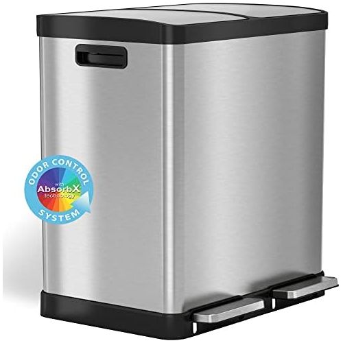  iTouchless 16 Gallon Dual Step Trash Can & Recycle, Stainless Steel Lid and Bin Body with Handle, Includes 2 x 8 Gallon (30L) Removable Buckets are Color-Coded, Soft-close and Airt