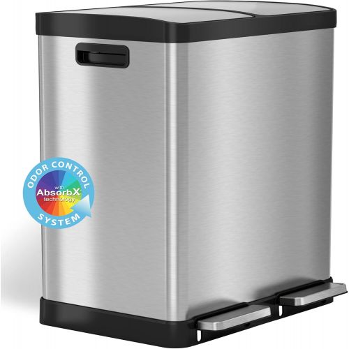  iTouchless 16 Gallon Dual Step Trash Can & Recycle, Stainless Steel Lid and Bin Body with Handle, Includes 2 x 8 Gallon (30L) Removable Buckets are Color-Coded, Soft-close and Airt