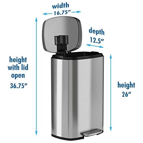  iTouchless SoftStep 13.2 Gallon Stainless Steel Step Trash Can with Odor Control System, 50 Liter Pedal Garbage Bin for Kitchen, Office, Home - Silent and Gentle Open and Close