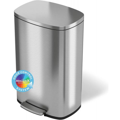  iTouchless SoftStep 13.2 Gallon Stainless Steel Step Trash Can with Odor Control System, 50 Liter Pedal Garbage Bin for Kitchen, Office, Home - Silent and Gentle Open and Close