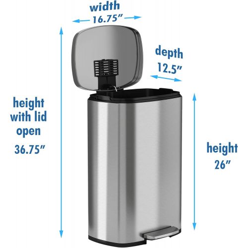  iTouchless SoftStep 13.2 Gallon Stainless Steel Step Trash Can with Odor Control System, 50 Liter Pedal Garbage Bin for Kitchen, Office, Home - Silent and Gentle Open and Close
