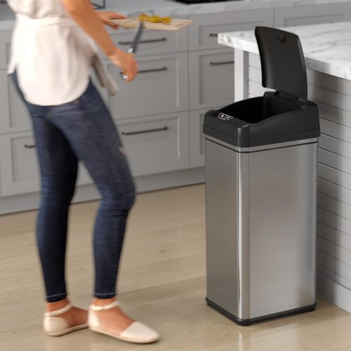  iTouchless 13 Gallon Automatic Trash Can with Odor-Absorbing Filter and Lid Lock, Power by Batteries (not included) or Optional AC Adapter (sold separately), Black / Stainless Stee