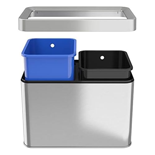  iTouchless 20 Liter / 5.3 Gallon Open Top Waste Trash Can & Recycle Bin with 2 Recycle Stickers, Dual Compartment Slim Stainless Steel Container