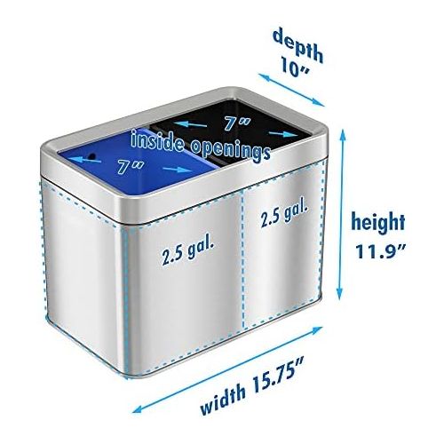  iTouchless 20 Liter / 5.3 Gallon Open Top Waste Trash Can & Recycle Bin with 2 Recycle Stickers, Dual Compartment Slim Stainless Steel Container