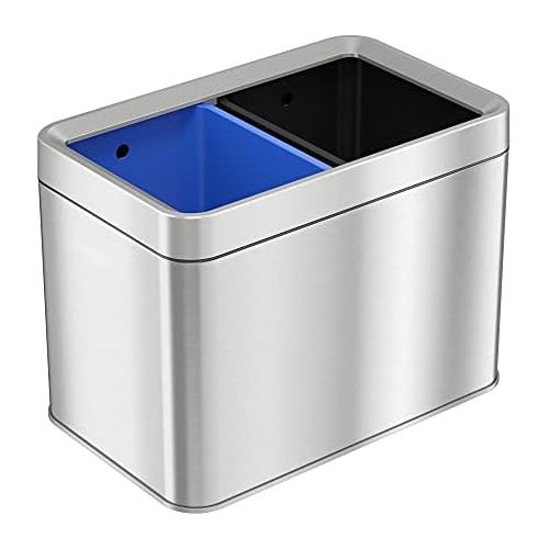  iTouchless 20 Liter / 5.3 Gallon Open Top Waste Trash Can & Recycle Bin with 2 Recycle Stickers, Dual Compartment Slim Stainless Steel Container