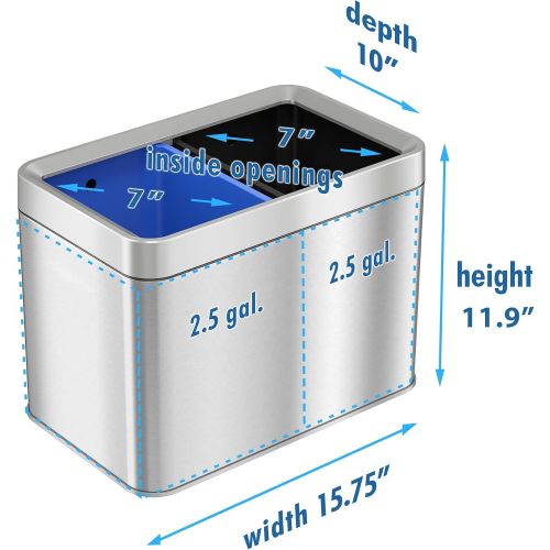  iTouchless 20 Liter / 5.3 Gallon Open Top Waste Trash Can & Recycle Bin with 2 Recycle Stickers, Dual Compartment Slim Stainless Steel Container