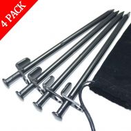 IUMEE 4 Pack Black Heavy Duty High Strength Steel Camping Tent Stakes Peg Unbreakable and Inflexible for Outdoor Trip Hiking Gardening with Oxford Fabric Pouch 11.8inch