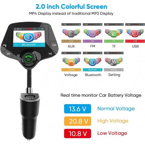  [아마존베스트]IUcare Bluetooth Fm Transmitter for car, 5.0 Bluetooth Hands-Free Calling Crystal Sound 2.0 inch Multicolor Screen Wireless Radio Adapter,3 USB Ports Charger QC3.0/3.4A AUX TF Card U-Disk