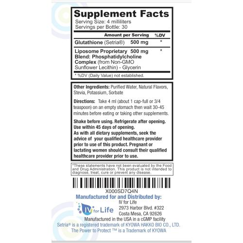  IV for Life Optimized Liposomal Glutathione Liquid | Pure Reduced Glutathione Setria 500mg | Liver Detox, Brain Function| Vegan, Soy-Free, Non-GMO, Citrus Flavored | Core Med...
