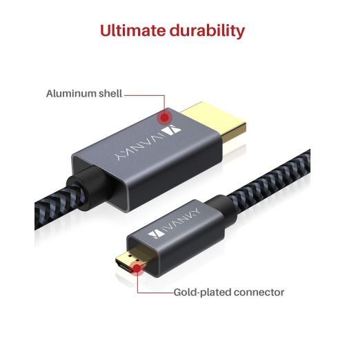  Micro HDMI to HDMI Cable Adapter 4K 6.6FT, iVANKY Braided Micro HDMI Cord Support 4K 60Hz HDR 3D ARC 18Gbps, Compatible with GoPro Hero, Raspberry Pi 4, Sport Camera