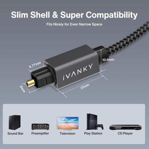  Optical Audio Cable 10ft/3M, iVANKY Slim Braided Fiber Audio Cable, Digital Optic Cord,Toslink Cable, Aluminum Shell, Gold-Plated for Sound Bar, TV, PS4, Xbox, Samsung, Vizio - CL3