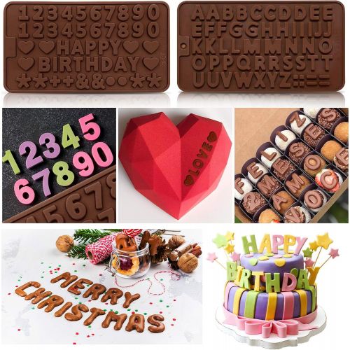  [아마존베스트]Heart Chocolate Mold, IVARSOYA 2Pcs Diamond Heart Silicone Molds for Baking with 3Pcs Wooden Hammers 1Pc Letter Mold 1Pc Number Mold Tray for Home Kitchen Cake Baking and Decoratio