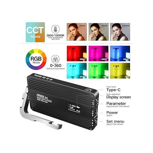  G2 RGB Portable On Camera Light, Built-in 4300mAh Lithium Battery Video Conference Lighting, 2600-10000K 12W Full Color LED Light Panel for Photography, Studio, Wedding Shooting