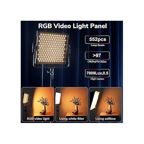  RGB Video Light, Full Color LED Photography Lighting Kit, 2-Pack Panel Light with Softbox, 50W, 552pcs LED/CRI 97+, 2600K-10000K