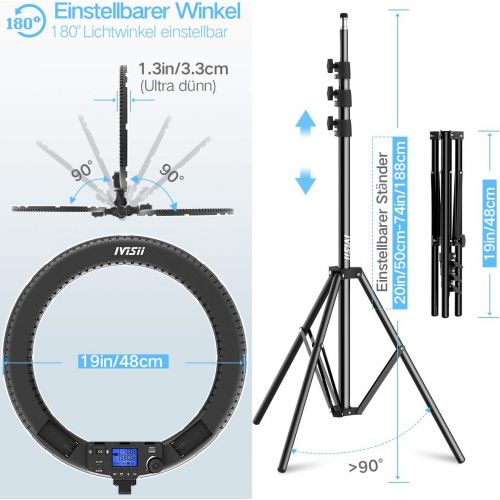  [아마존 핫딜]  [아마존핫딜]Ringlicht mit drahtloser Fernbedienung, IVISII 19 Zoll mit LCD-Display Einstellbare Farbtemperatur 3000K-5800K mit Stander fuer YouTube-Make-up, Videoaufnahmen, Vlog, Selbstportrat