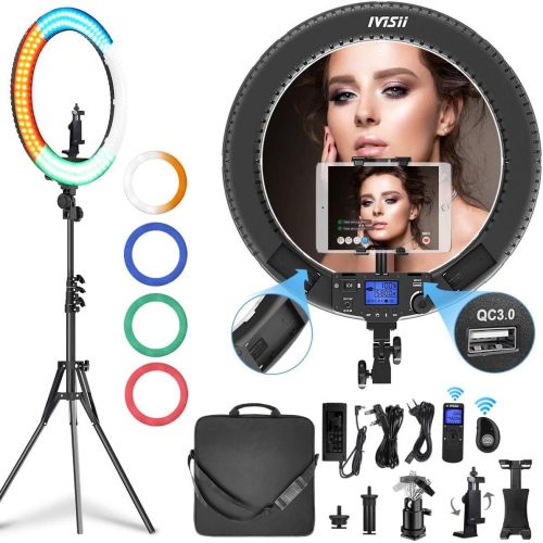  [아마존베스트]IVISII 19 inch Ring Light with Remote Controller and Stand ipad Holder,60W Bi-Color with 4 Color Soft Filters for Live Stream/Makeup/YouTube Video/TikTok/Zoom/Photography