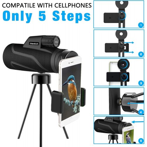  [아마존베스트]iVenkich 12x42 Monocular Telescope, High Definition Power Monocular with Smartphone Holder and Tripod - FMC HD Monocular for Bird Watching Hunting Camping Travelling Wildlife Scene