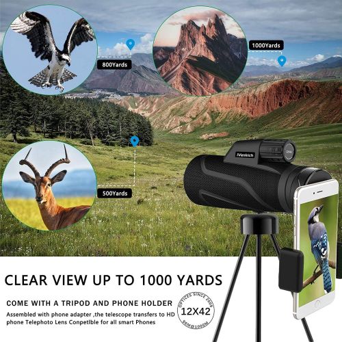  [아마존베스트]iVenkich 12x42 Monocular Telescope, High Definition Power Monocular with Smartphone Holder and Tripod - FMC HD Monocular for Bird Watching Hunting Camping Travelling Wildlife Scene