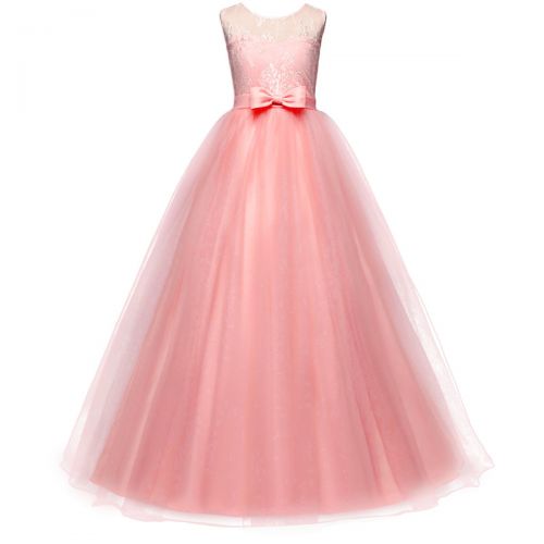  IWEMEK Girls Embroidery Princess Pageant Dress Kids Tulle Flower Lace Wedding Party Prom Floor Length Formal Evening Ball Gowns