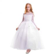 IWEMEK Girl Princess Christmas Flower Lace Pageant Dress Long Sleeves Communion Prom Floor Length Puffy Tulle Evening Dance Gown