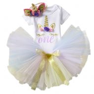 IWEMEK 3PCS Unicorn Princess Outfit Baby Girls 1st Birthday Flower Romper Cake Smash Rainbow Tutu Skirt Dress Horn Headband Set