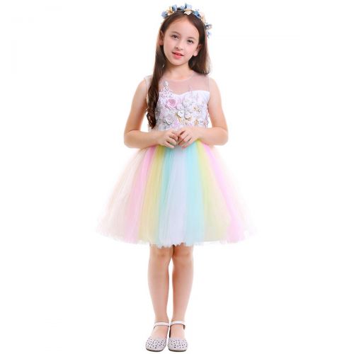  IWEMEK Girls Kids Flower Unicorn Birthday Outfits Cosplay Fancy Costume Princess Dress up Lace Tulle Pageant Party Dance Gown